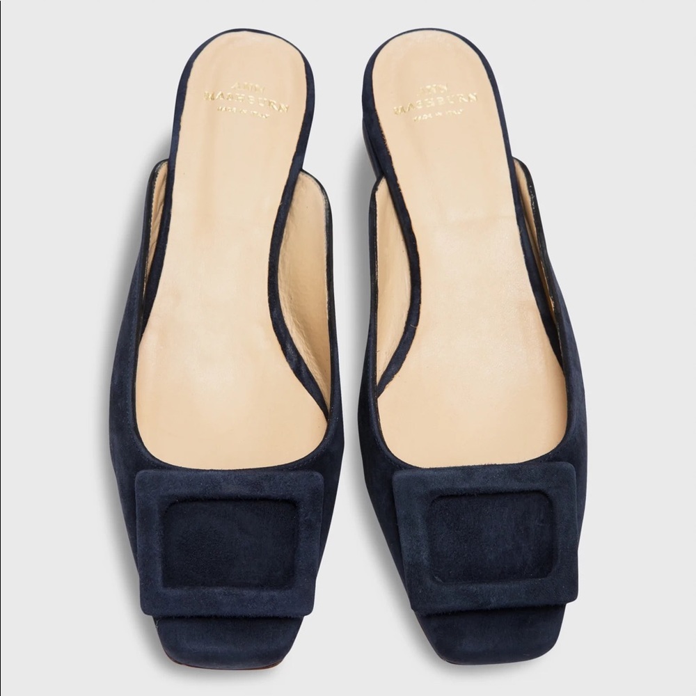 Ann Mashburn Navy Blue Suede Buckle Mules 38.5